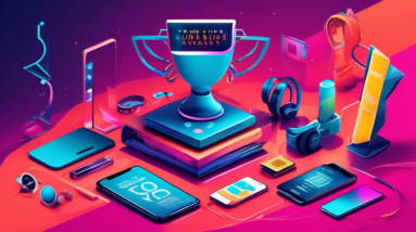 A sleek, futuristic trophy with the words Tom's Guide Awards engraved on it, surrounded by various tech gadgets like smartphones, laptops, and headphones all vying for attention.