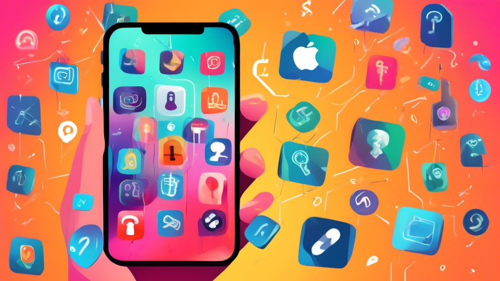 A hand holding an iPhone with a cracked screen displaying various password manager app icons, a small key floating above the phone, and a confused expression on the person's face.