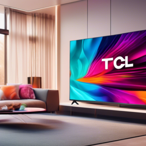 A sleek and modern TCL TV with a large 115 inch screen, displaying vibrant and immersive visuals, in a stylish living room setting.