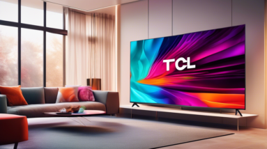 A sleek and modern TCL TV with a large 115 inch screen, displaying vibrant and immersive visuals, in a stylish living room setting.