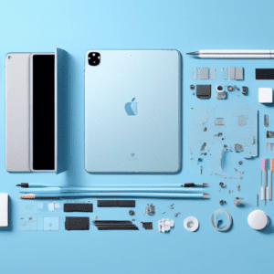 Exploded view of a 13-inch iPad Pro with its components meticulously arranged around it, including a disassembled Apple Pencil Pro, against a light blue background.