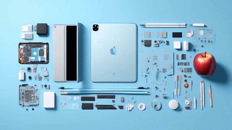 Exploded view of a 13-inch iPad Pro with its components meticulously arranged around it, including a disassembled Apple Pencil Pro, against a light blue background.