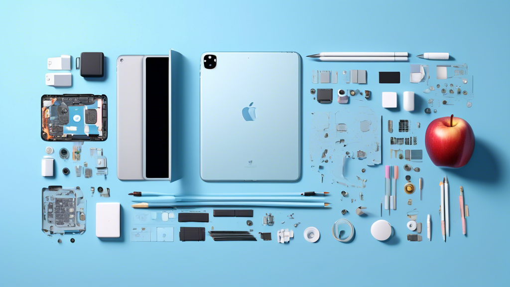 Exploded view of a 13-inch iPad Pro with its components meticulously arranged around it, including a disassembled Apple Pencil Pro, against a light blue background.