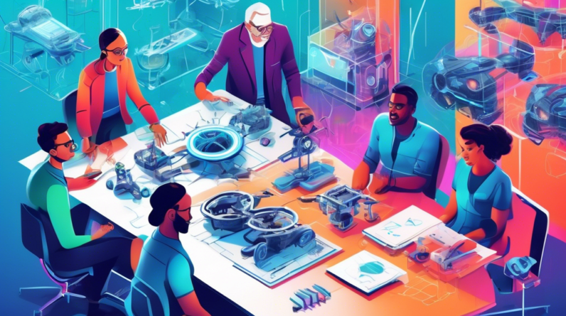 A portrait of a diverse group of inventors collaborating on a drone design in a futuristic workshop, blueprints and tools scattered around, with a completed drone prototype hovering in the background