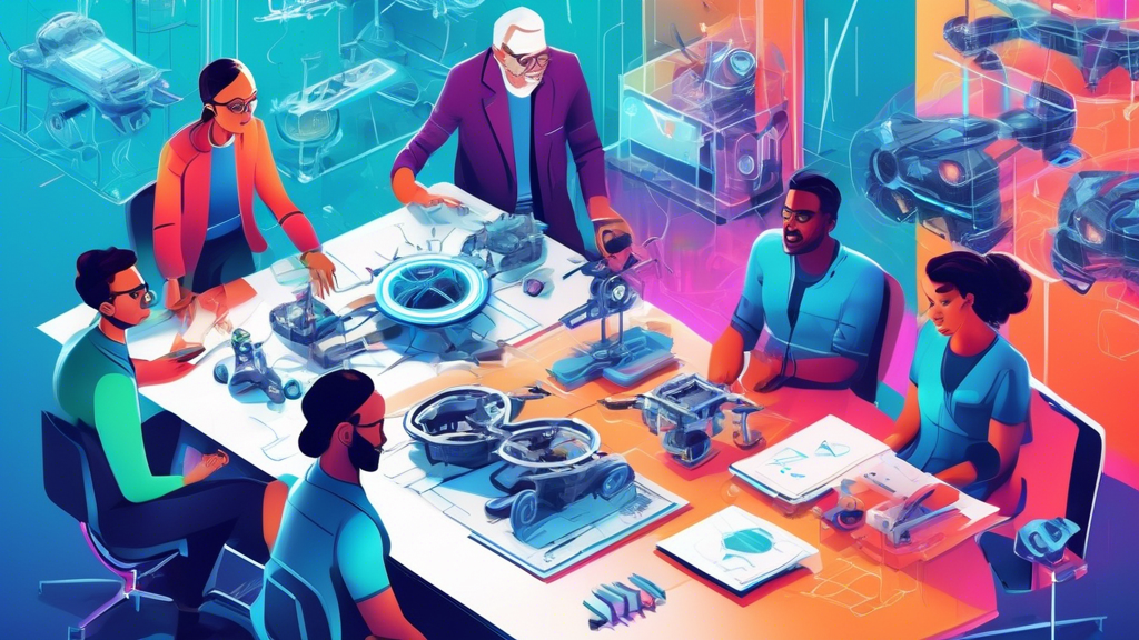 A portrait of a diverse group of inventors collaborating on a drone design in a futuristic workshop, blueprints and tools scattered around, with a completed drone prototype hovering in the background