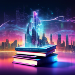 A stack of books with glowing circuitry embedded in the covers, bursting with equations and diagrams, floating above a futuristic cityscape.