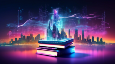 A stack of books with glowing circuitry embedded in the covers, bursting with equations and diagrams, floating above a futuristic cityscape.