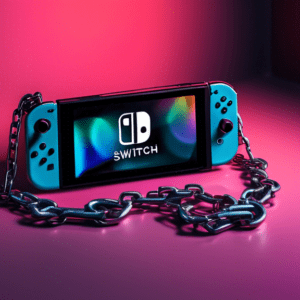 A lone Nintendo Switch console shrouded in shadow, with a large padlock and chain wrapped around it.