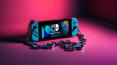 A lone Nintendo Switch console shrouded in shadow, with a large padlock and chain wrapped around it.