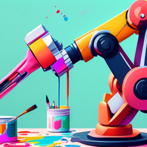 A robotic arm holding a paintbrush, labeling a TikTok video with AI-Generated while a smartphone displays the video.