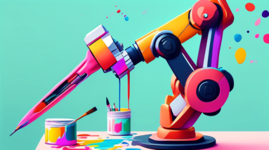 A robotic arm holding a paintbrush, labeling a TikTok video with AI-Generated while a smartphone displays the video.