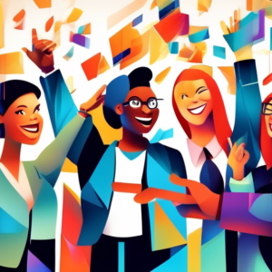 A photorealistic image of a group of diverse business people smiling and high fiving each other, with a CRM interface overlaid on the image.
