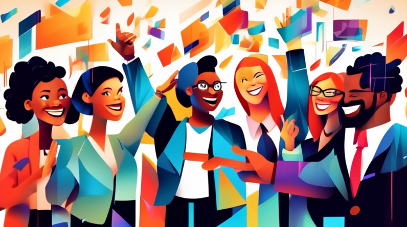 A photorealistic image of a group of diverse business people smiling and high fiving each other, with a CRM interface overlaid on the image.