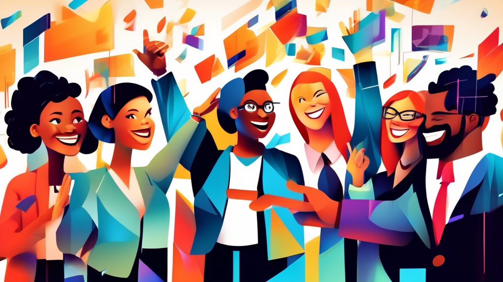 A photorealistic image of a group of diverse business people smiling and high fiving each other, with a CRM interface overlaid on the image.