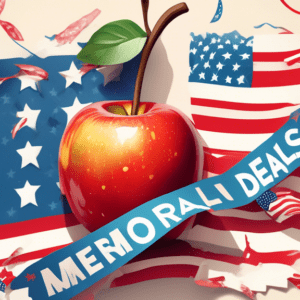 A bitten apple with an American flag draped over it, surrounded by sale tags that say Memorial Day Deals