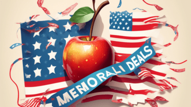 A bitten apple with an American flag draped over it, surrounded by sale tags that say Memorial Day Deals