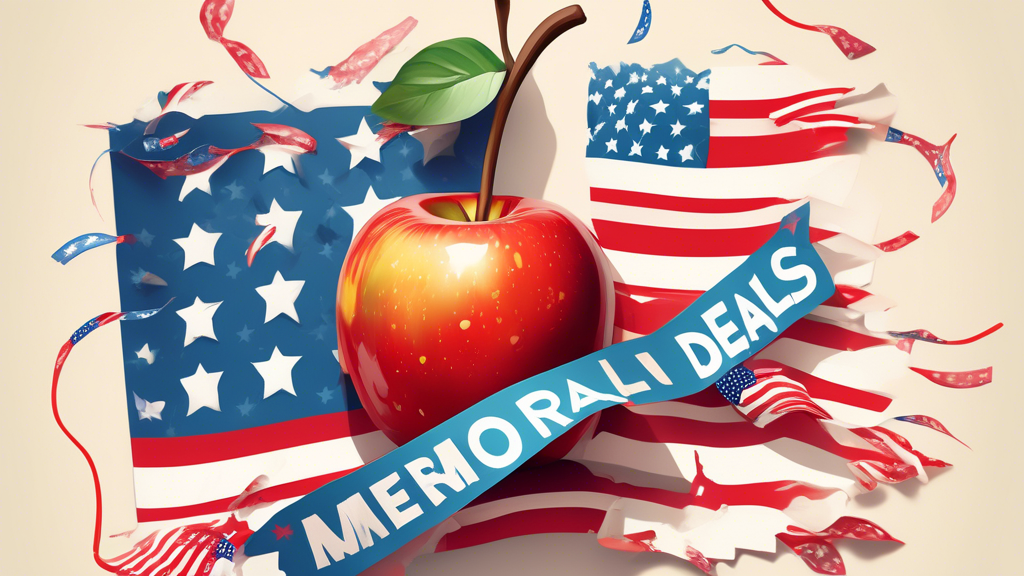 A bitten apple with an American flag draped over it, surrounded by sale tags that say Memorial Day Deals