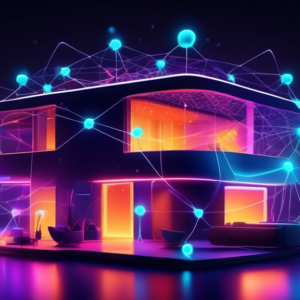 A futuristic home with glowing interconnected nodes spread throughout, representing a mesh wifi network.