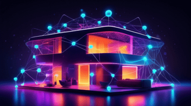 A futuristic home with glowing interconnected nodes spread throughout, representing a mesh wifi network.