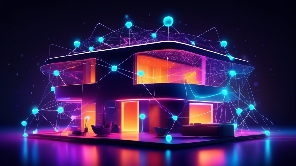 A futuristic home with glowing interconnected nodes spread throughout, representing a mesh wifi network.