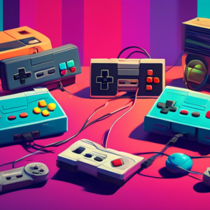 A nostalgic still life of classic gaming consoles with controllers, set against a retro 80s background