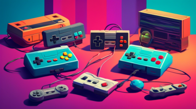 A nostalgic still life of classic gaming consoles with controllers, set against a retro 80s background