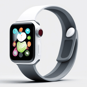 An Apple Watch with a bulky white iPod-inspired case, featuring a prominent click wheel, on a minimalist background.