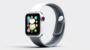 An Apple Watch with a bulky white iPod-inspired case, featuring a prominent click wheel, on a minimalist background.