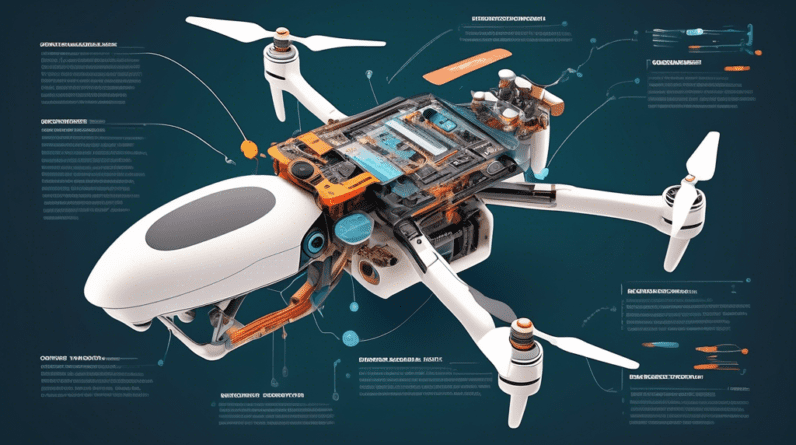 A cutaway diagram of a drone, showcasing its internal components and technology, with labels explaining each part's function.