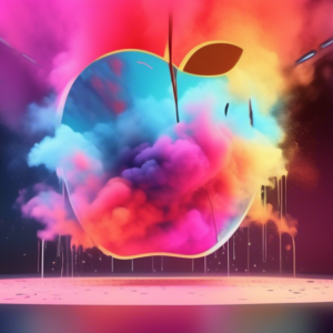 A futuristic Apple event stage with a giant, cracked screen displaying the words Let Loose and colorful smoke billowing from the cracks