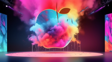 A futuristic Apple event stage with a giant, cracked screen displaying the words Let Loose and colorful smoke billowing from the cracks