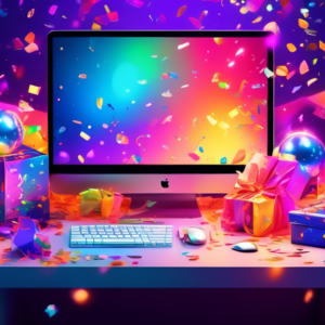 A desktop PC setup glowing with colorful lights, surrounded by floating prize boxes, trophies, and confetti.