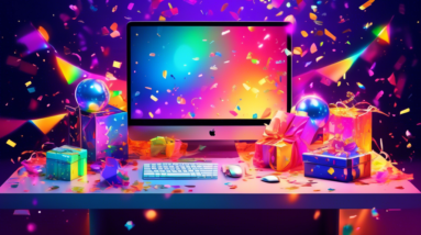 A desktop PC setup glowing with colorful lights, surrounded by floating prize boxes, trophies, and confetti.