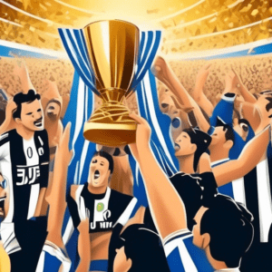 A golden Coppa Italia trophy held aloft in a packed stadium, with Atalanta and Juventus fans in blue and black and white stripes cheering in the background.
