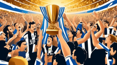 A golden Coppa Italia trophy held aloft in a packed stadium, with Atalanta and Juventus fans in blue and black and white stripes cheering in the background.