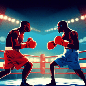 Two boxers, one in blue and one in red, intensely facing off in a boxing ring under bright spotlights.
