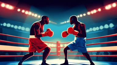 Two boxers, one in blue and one in red, intensely facing off in a boxing ring under bright spotlights.