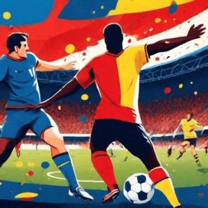 A Parisian soccer stadium, half filled with blue and red, and the other half with yellow and black, with two opposing soccer players mid-tackle reaching for the ball in the center of the field