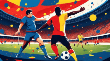 A Parisian soccer stadium, half filled with blue and red, and the other half with yellow and black, with two opposing soccer players mid-tackle reaching for the ball in the center of the field