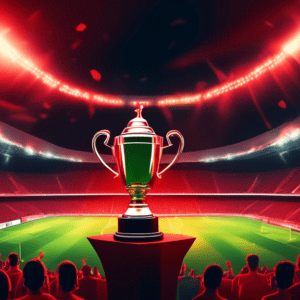 A packed soccer stadium at night with one team in red and the other in black and red, a large German Cup trophy glowing in the center of the field, live stream overlay in the corner