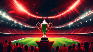 A packed soccer stadium at night with one team in red and the other in black and red, a large German Cup trophy glowing in the center of the field, live stream overlay in the corner