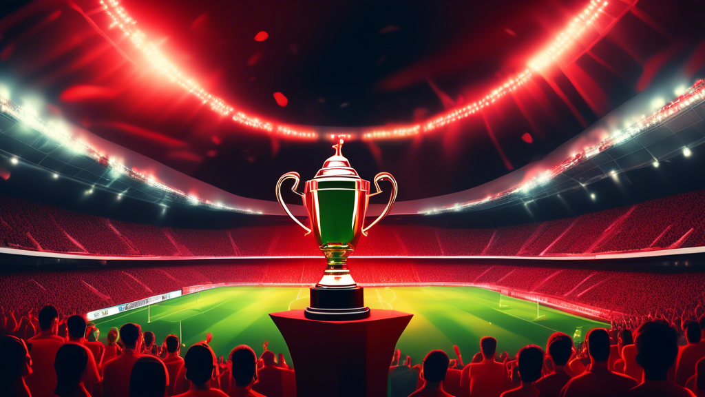 A packed soccer stadium at night with one team in red and the other in black and red, a large German Cup trophy glowing in the center of the field, live stream overlay in the corner