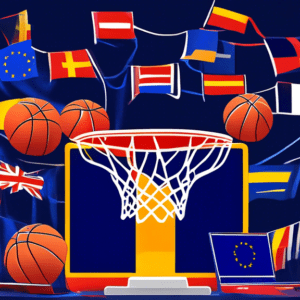 A basketball hoop with a crown on top of it, draped in the flags of the European Union and surrounded by glowing laptops streaming a basketball game.