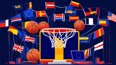 A basketball hoop with a crown on top of it, draped in the flags of the European Union and surrounded by glowing laptops streaming a basketball game.