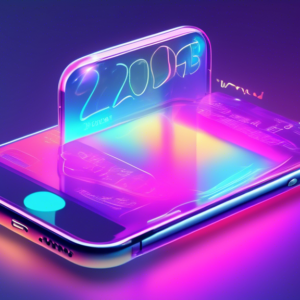 A futuristic, transparent iPhone with iOS 18 on the screen, showing a holographic Siri head saying 2025... I'm worth the wait with a playful wink.