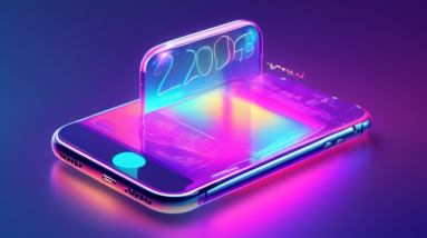 A futuristic, transparent iPhone with iOS 18 on the screen, showing a holographic Siri head saying 2025... I'm worth the wait with a playful wink.