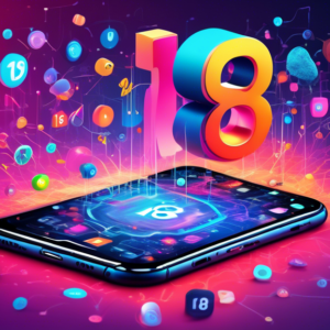 A futuristic iPhone with the number 18 bursting out of the screen, surrounded by colorful icons representing AI concepts like machine learning, neural networks, and computer vision.