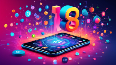 A futuristic iPhone with the number 18 bursting out of the screen, surrounded by colorful icons representing AI concepts like machine learning, neural networks, and computer vision.