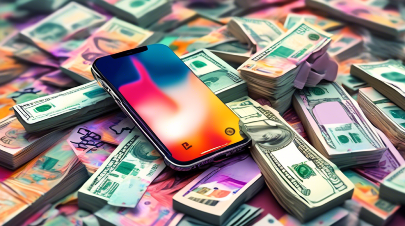 A cracked iPhone 17 Slim with a price tag wrapped around it, laying on a pile of cash, while a person cries in the background.