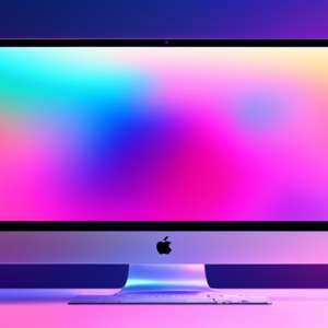 A futuristic iMac displaying a sleek and colorful operating system settings interface with a translucent macOS logo in the background.